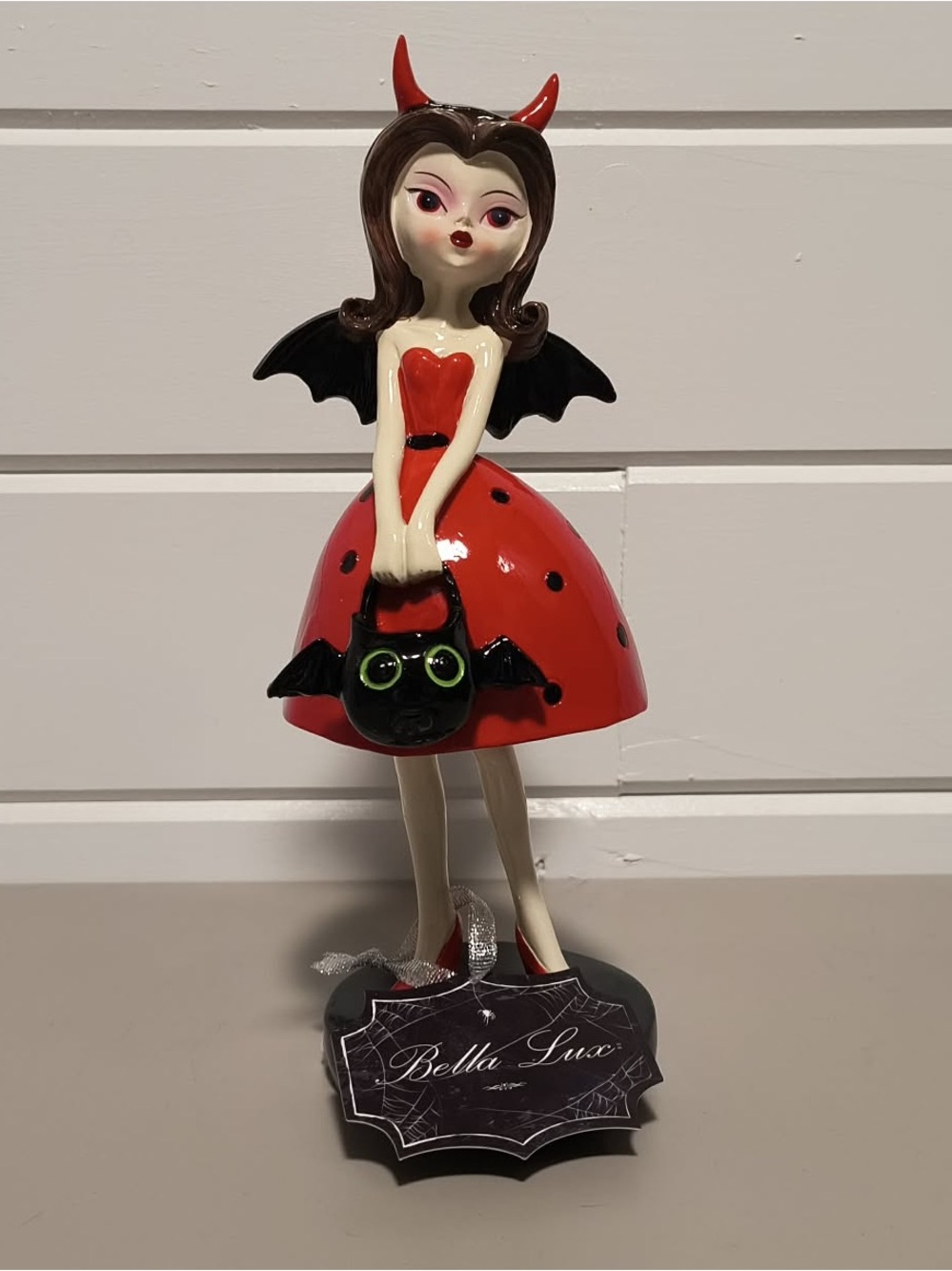 Devil Girl Figurine with Bat Purse & wings Red & Black Bella Lux Halloween decor